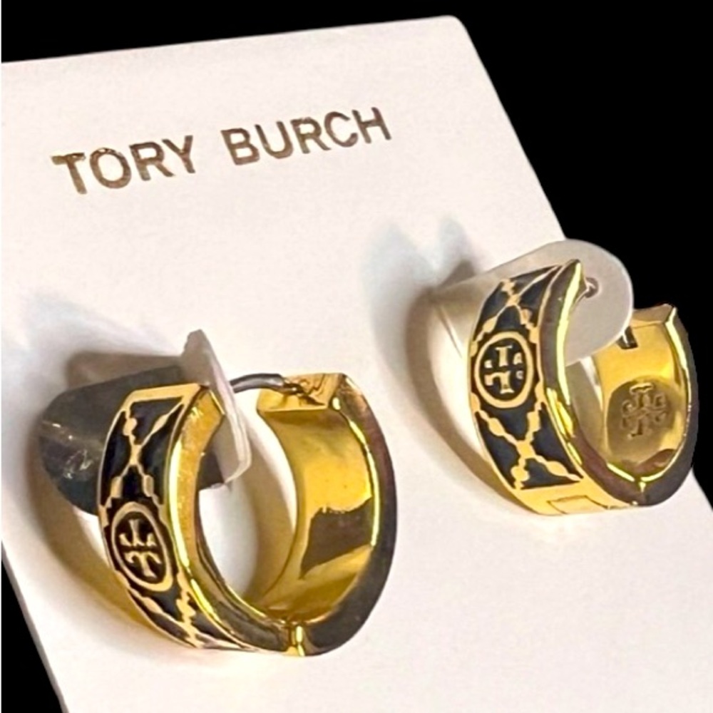 New Authentic Tory Burch Black and Gold T-Monogram Huggie Earrings on TB Card